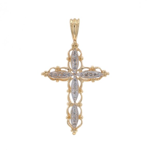 Yellow Gold Diamond Scalloped Cross Pendant - 10k Single .20ctw Faith